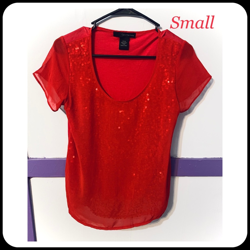 Calvin Klein Sequin Top, Red, Holiday, xmas